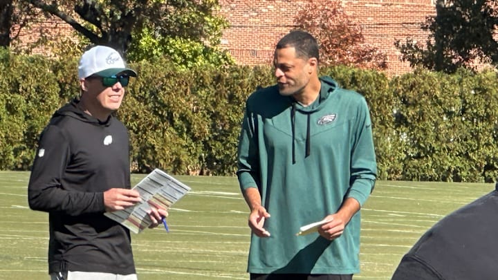 Eagles OC Kellen Moore and WR coach Aaron Moorehead on Oct. 18, 2024 Eagles OC Kellen Moore and WR coach Aaron Moorehead on Oct. 18, 2024