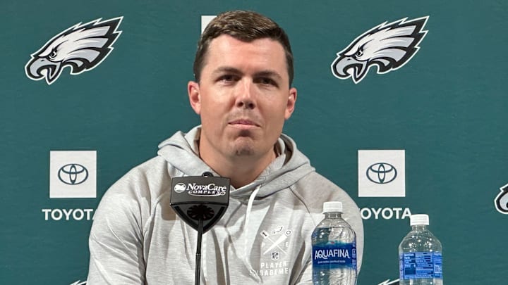 Eagles OC Kellen Moore speaks to reporters at the NovaCare Complex on Dec. 3, 2024 Eagles OC Kellen Moore speaks to reporters at the NovaCare Complex on Dec. 3, 2024