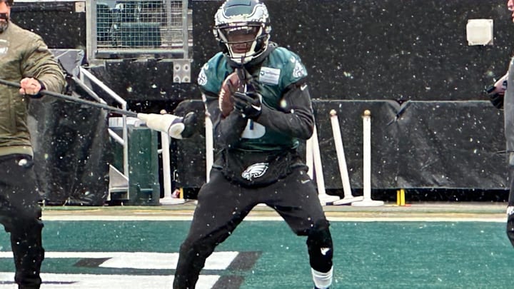 Eagles receiver DeVonta Smith practices at Lincoln Financial Field leading up to playing the Rams in the Divisional Round of the playoffs.