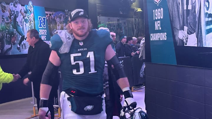 Cam Jurgens heads to the locker room after putting forth a warrior effort in helping the Eagles rout the Commanders in the NFC Championship Game. Cam Jurgens heads to the locker room after putting forth a warrior effort in helping the Eagles rout the Commanders in the NFC Championship Game.
