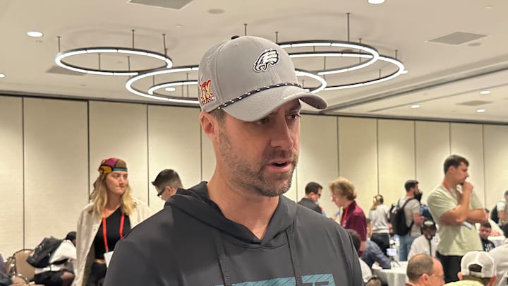 Eagles passing game coordinator Kevin Patullo talks during media availability at Super Bowl LIX.