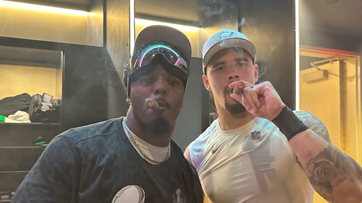 Zack Baun (left) and fellow linebacker Nakobe Dean celebrate winning Super Bowl LIX.