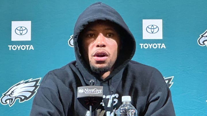 Eagles RB Saquon Barkley speaks with reporters on March 10, 2025. Eagles RB Saquon Barkley speaks with reporters on March 10, 2025.