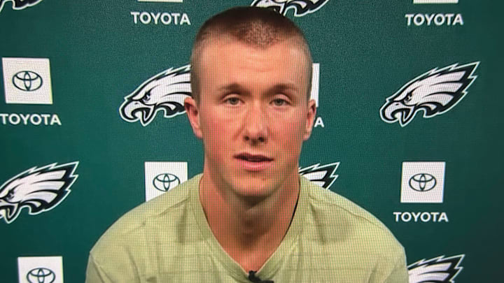 Eagles TE Harrison Bryant speaking with reporters.