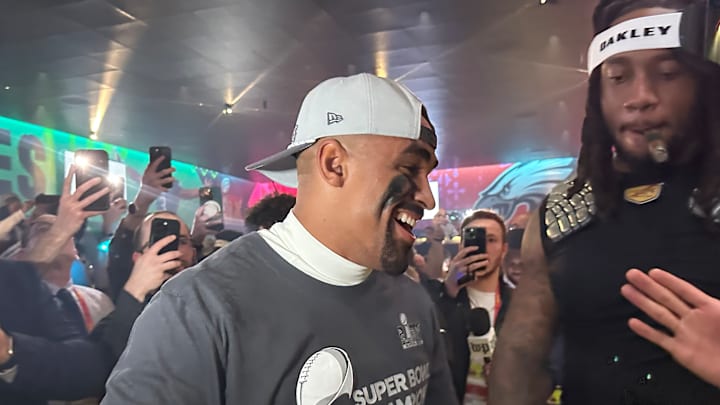 Quarterback Jalen Hurts celebrates after guiding the Eagles to a Super Bowl LIX championship.