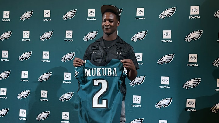 Eagles second-round draft pick in 2025, Texas' Drew Mukuba, met with reporters at the team's training facility. Eagles second-round draft pick in 2025, Texas' Drew Mukuba, met with reporters at the team's training facility.