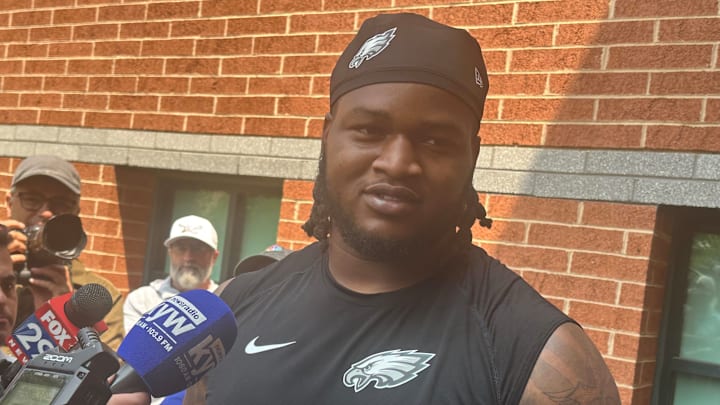 Eagles DT Jalen Carter speaks to reporters after an OTA practice on June 3, 2025.