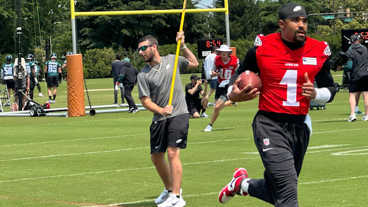 Eagles QB Jalen Hurts finished up a ball-security drill at practice on June 3, 2025