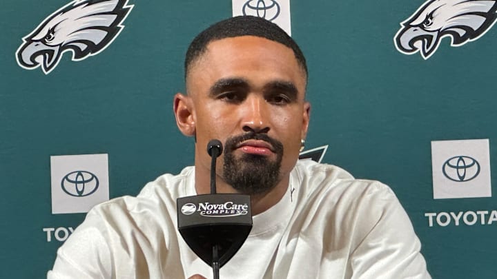 Jalen Hurts speaks to reporters after a minicamp practice on June 10, 2025. Jalen Hurts speaks to reporters after a minicamp practice on June 10, 2025.