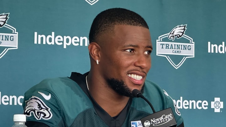 Eagles All-Pro RB Saquon Barkley after practice on July 23, 2025. Eagles All-Pro RB Saquon Barkley after practice on July 23, 2025.