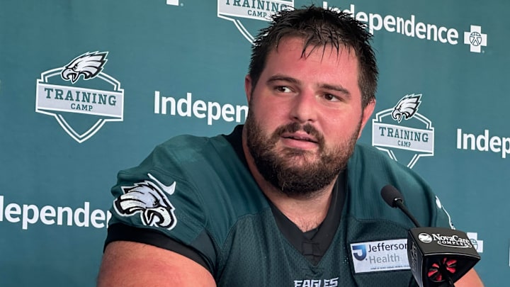Pro Bowl LG Landon Dickerson talks to reporters after practice on July 25, 2025. Pro Bowl LG Landon Dickerson talks to reporters after practice on July 25, 2025.