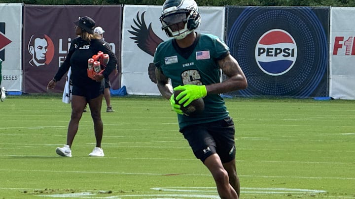 Receiver DeVonta Smith completes a drill during Day 3 of Eagles training camp. Receiver DeVonta Smith completes a drill during Day 3 of Eagles training camp.