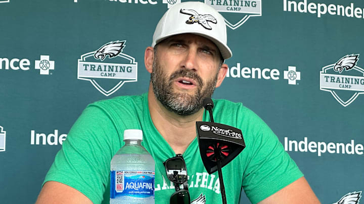 Eagles' head coach Nick Sirianni speaks with reporters before practice on July 28, 2025.