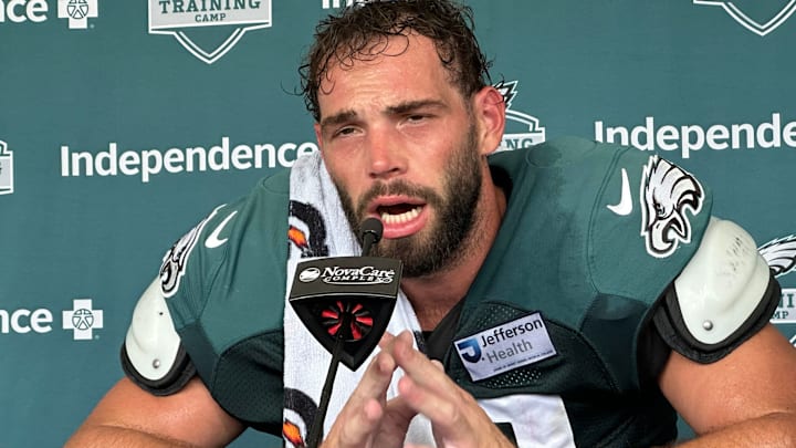 Eagles TE Dallas Goedert speaks with reporters after practice on July 31, 2025.