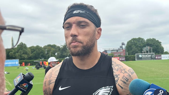 Eagles WR Elijah Cooks talks with reporters after practice on August 1, 2025. Eagles WR Elijah Cooks talks with reporters after practice on August 1, 2025.