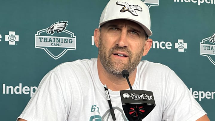 Eagles coach Nick Sirianni talks about the trade for CB Jakorian Bennett before practice on Aug. 5, 2025.