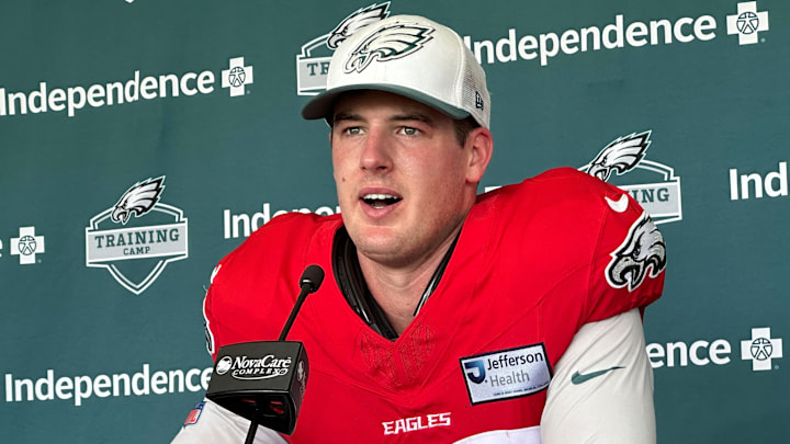 Eagles QB Tanner McKee at Eagles training camp on July 29, 2025.