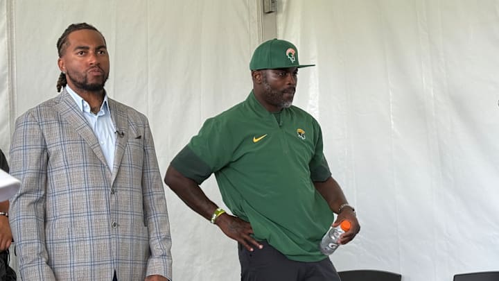 Now Division I head coaches, former Eagles greats DeSean Jackson (left) and Michael Vick held a press conference together to discuss a game that will be played between the two schools they now lead at Lincoln Financial Field on Oct. 30.
