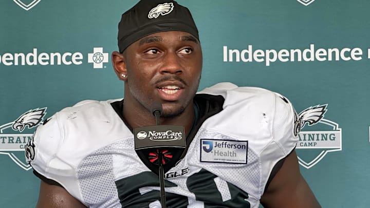Eagles edge rusher Jalyx Hunt speaks with reporters after a joint practice with the Cleveland Browns on Aug. 13, 2025.