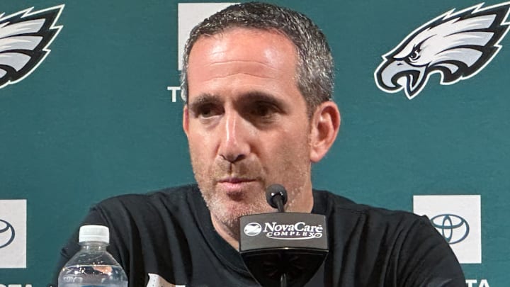 Howie Roseman speaks with reporters after cutting the Eagles' roster to 53 on Aug. 26, 2025.