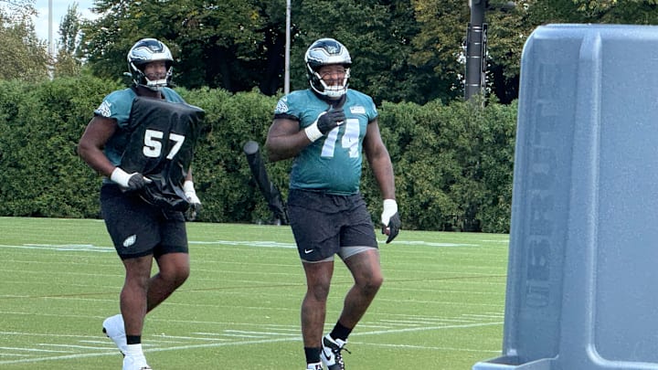 Offensive tackle Fred Johnson (right) went through his first practice with the Eagles on Wednesday, just days after being acquired in a trade. Offensive tackle Fred Johnson (right) went through his first practice with the Eagles on Wednesday, just days after being acquired in a trade.