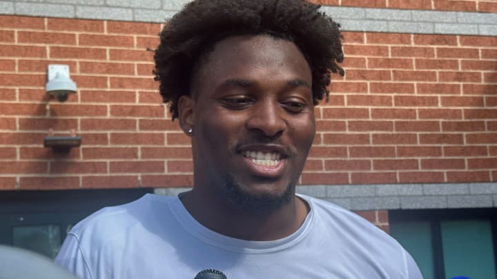 Eagles DT Gabe Hall speaks with reporters on Aug. 27, 2025. Eagles DT Gabe Hall speaks with reporters on Aug. 27, 2025.