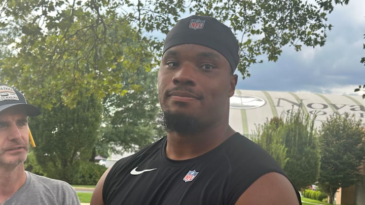 Eagles right guard Tyler Steen talks with reporters after practice on Aug. 28, 2025. Eagles right guard Tyler Steen talks with reporters after practice on Aug. 28, 2025.