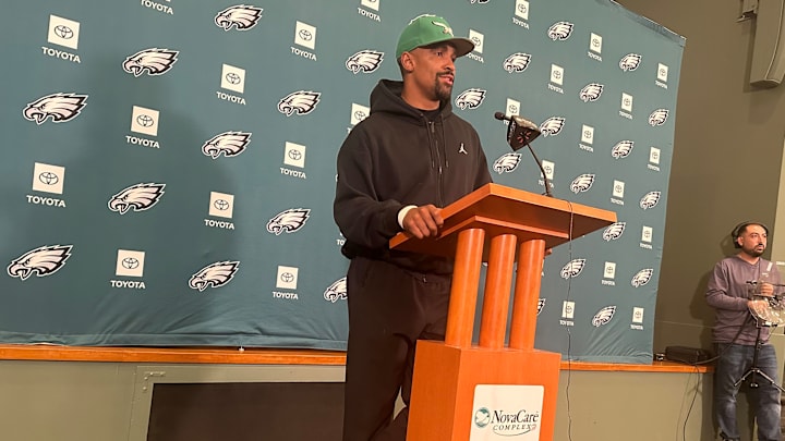 Jalen Hurts speaks with reporters on Oct. 15, 2025. Jalen Hurts speaks with reporters on Oct. 15, 2025.