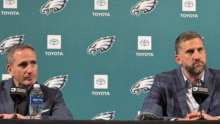 Eagles GM Howie Roseman (left) and head coach Nick Sirianni address the media after Day 2 of the 2026 NFL Draft