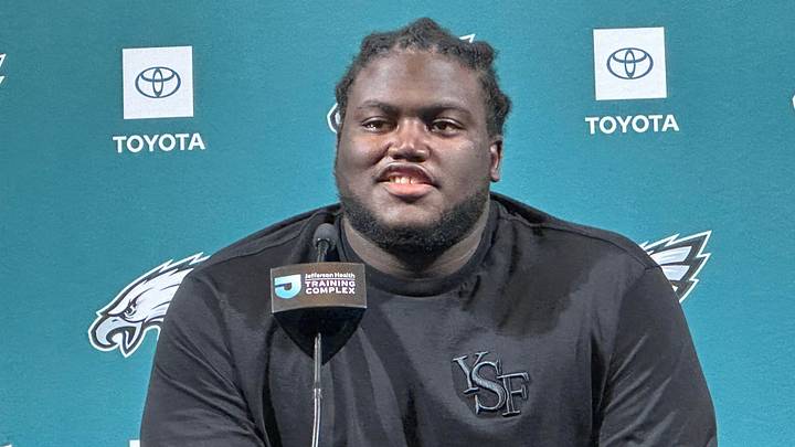 Eagles rookie OG Micah Morris speaks to reporters on April 30, 226.