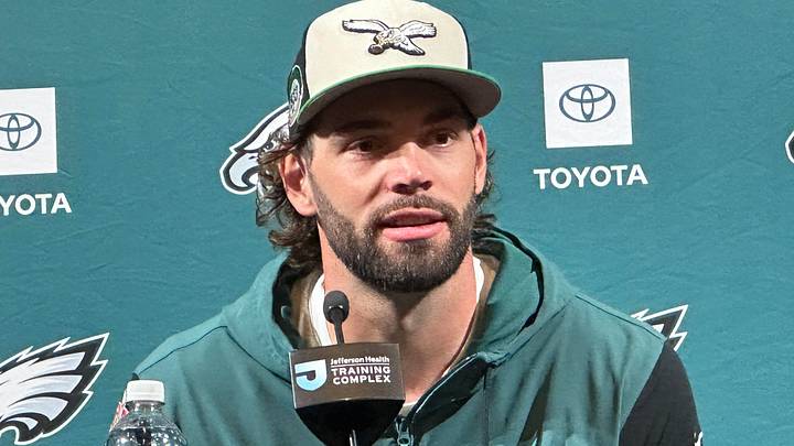Eagles TE Dallas Goedert speaks with reporters in the spring of 2026.