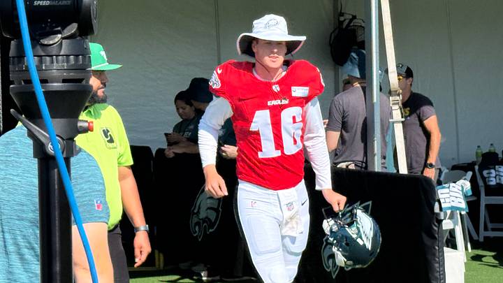 Eagles quarterback Tanner McKee takes the field for a training camp practice on Aug. 4, 2026. Eagles quarterback Tanner McKee takes the field for a training camp practice on Aug. 4, 2026.