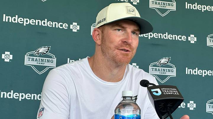 Andy Dalton speaks with reporters at Eagles training camp on August 4, 2026. Andy Dalton speaks with reporters at Eagles training camp on August 4, 2026.