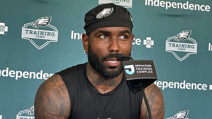 Eagles' WR Elijah Moore speaks with reporters after practice on Aug. 7, 2026. Eagles' WR Elijah Moore speaks with reporters after practice on Aug. 7, 2026.