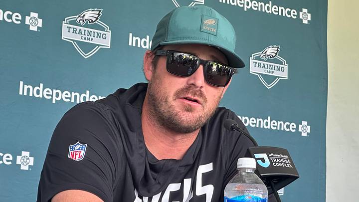 Eagles OC Sean Mannion speaks with reporters on Aug. 24, 2026. Eagles OC Sean Mannion speaks with reporters on Aug. 24, 2026.