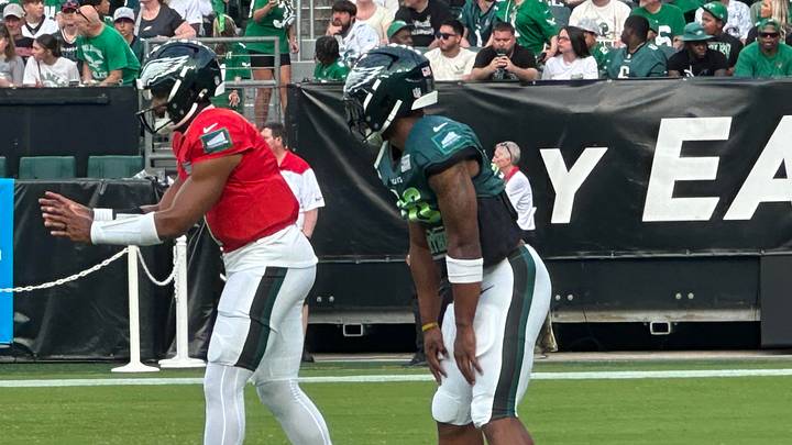 Jalen Hurts and Saquon Barkley at the Eagles public practice at Lincoln Financial Field on Aug. 25, 2026.