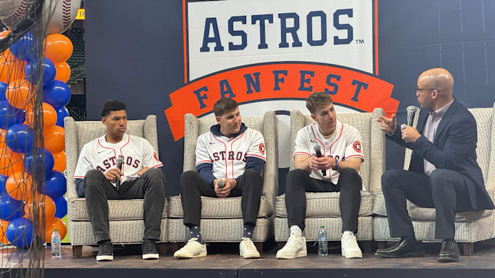 Houston Astros players Cam Smith, A.J. Blubaugh and Zach Cole speak during Astros FanFest.
