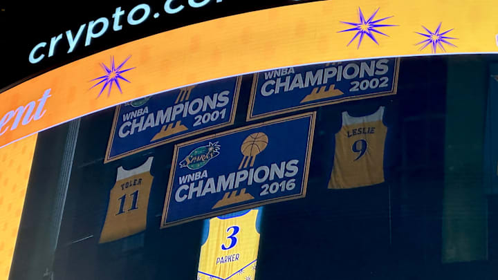June 29, 2025; Candace Parker's No. 3 jersey is officially retired in the rafters of Crypto.com Arena. Mandatory Credit: Ben Geffner-LA Sports Report
