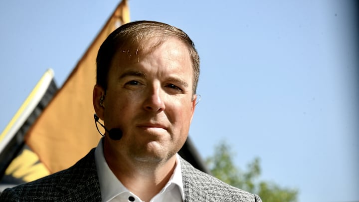 Sep 6, 2025; Columbia, Missouri, USA; Missouri Tigers coach Eli Drinkwitz during his appearance on "SEC Nation" ahead of the renewed Border Showdown between the Tigers and Kansas Jayhawks at Faurot Field at Memorial Stadium.