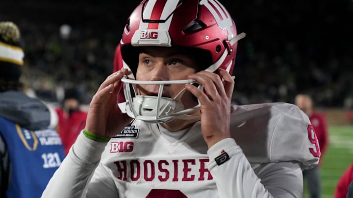 Indiana Hoosiers quarterback Kurtis Rourke (9) leaves the field after losing a game between the Indiana Hoosiers and the Notre Dame Fighting Irish in first round of the College Football Playoff on Saturday, Dec. 21, 2024, in South Bend. Notre Dame defeated Indiana 27-17.