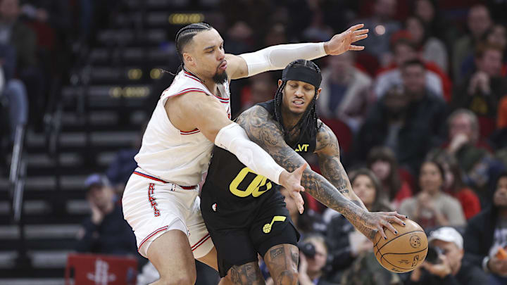 Jan 20, 2024; Houston, Texas, USA; Houston Rockets forward Dillon Brooks (9) defends against Utah.