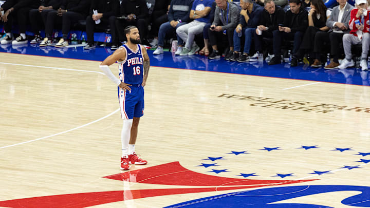Oct 23, 2024; Philadelphia, Pennsylvania, USA; Philadelphia 76ers forward Caleb Martin (16) looks on against the Milwaukee Bucks during the fourth quarter at Wells Fargo Center. Mandatory Credit: Bill Streicher-Imagn Images