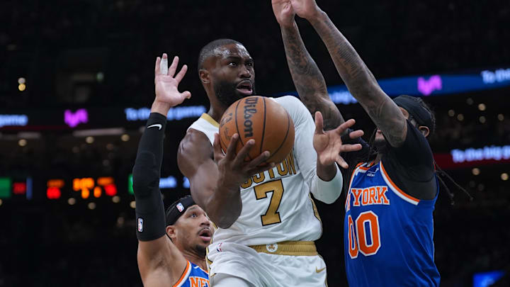 Feb 8, 2026; Boston, Massachusetts, USA; New York Knicks guard Jordan Clarkson (00) and guard Josh Hart (3) defend against Boston Celtics guard Jaylen Brown (7) in the second half at TD Garden. Mandatory Credit: David Butler II-Imagn Images Feb 8, 2026; Boston, Massachusetts, USA; New York Knicks guard Jordan Clarkson (00) and guard Josh Hart (3) defend against Boston Celtics guard Jaylen Brown (7) in the second half at TD Garden. Mandatory Credit: David Butler II-Imagn Images