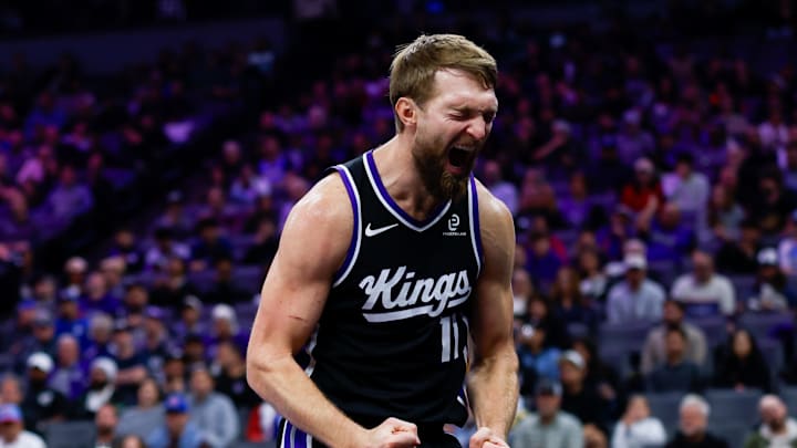 Nov 11, 2025; Sacramento, California, USA; Sacramento Kings center Domantas Sabonis (11) reacts after a play during the fourth quarter against the Denver Nuggets at Golden 1 Center. Mandatory Credit: Sergio Estrada-Imagn Images Nov 11, 2025; Sacramento, California, USA; Sacramento Kings center Domantas Sabonis (11) reacts after a play during the fourth quarter against the Denver Nuggets at Golden 1 Center. Mandatory Credit: Sergio Estrada-Imagn Images