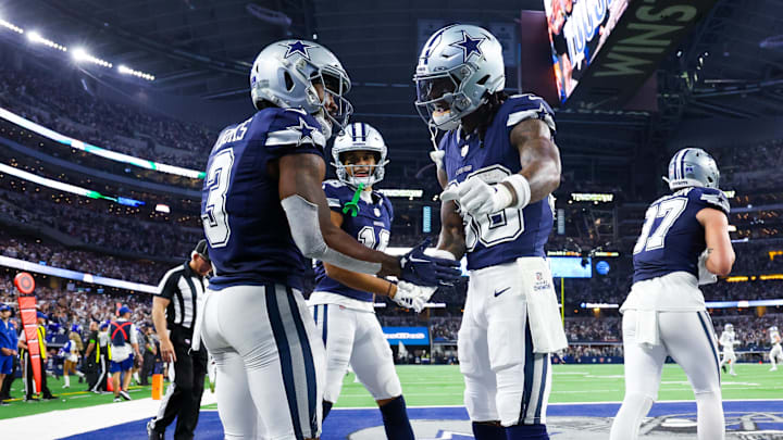 Dec 30, 2023; Arlington, Texas, USA; Dallas Cowboys wide receiver Brandin Cooks (3) celebrates with Dec 30, 2023; Arlington, Texas, USA; Dallas Cowboys wide receiver Brandin Cooks (3) celebrates with