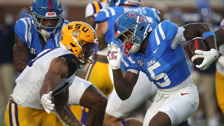 Sep 19, 2026; Oxford, Mississippi, USA; Mississippi Rebels running back Kewan Lacy (5) carries the ball against the Louisiana State Tigers during the first half at Vaught-Hemingway Stadium. Mandatory Credit: Petre Thomas-Imagn Images Sep 19, 2026; Oxford, Mississippi, USA; Mississippi Rebels running back Kewan Lacy (5) carries the ball against the Louisiana State Tigers during the first half at Vaught-Hemingway Stadium. Mandatory Credit: Petre Thomas-Imagn Images