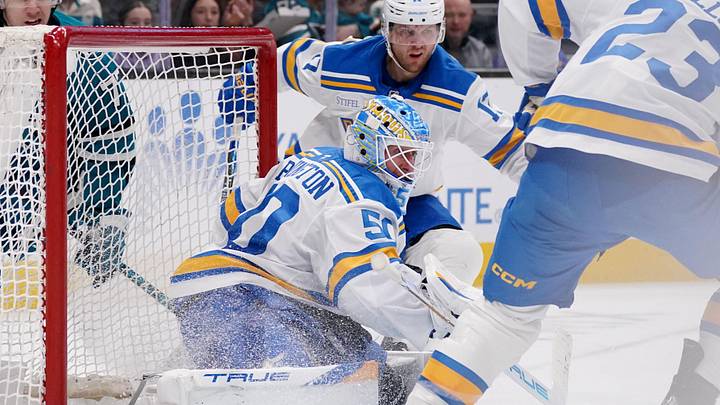 Mar 6, 2026; San Jose, California, USA; St. Louis Blues goalie Jordan Binnington (50) defends the goal against the San Jose Sharks along with defenseman Cam Fowler (17) and defenseman Logan Mailloux (23) in the second period at SAP Center at San Jose. Mandatory Credit: David Gonzales-Imagn Images