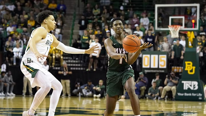 Dec 22, 2023; Waco, Texas, USA; Mississippi Valley State Delta Devils guard Chidi Umeh (1) passes