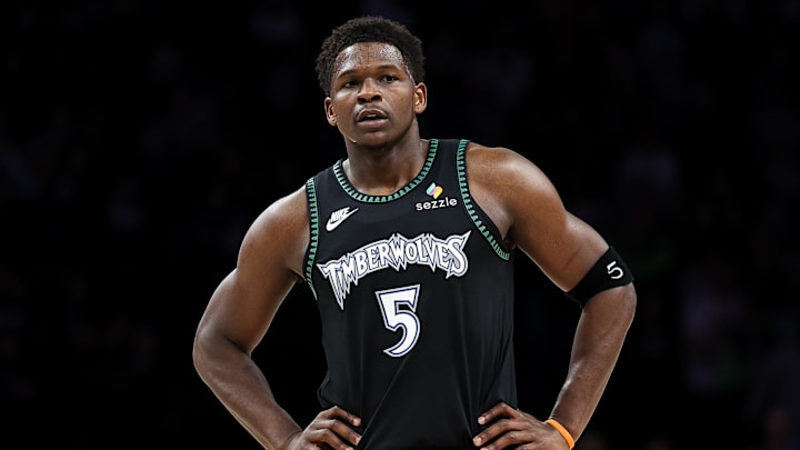 Feb 22, 2026; Minneapolis, Minnesota, USA; Minnesota Timberwolves guard Anthony Edwards (5) looks on during the first half against the Philadelphia 76ers at Target Center. Mandatory Credit: Matt Krohn-Imagn Images Feb 22, 2026; Minneapolis, Minnesota, USA; Minnesota Timberwolves guard Anthony Edwards (5) looks on during the first half against the Philadelphia 76ers at Target Center. Mandatory Credit: Matt Krohn-Imagn Images