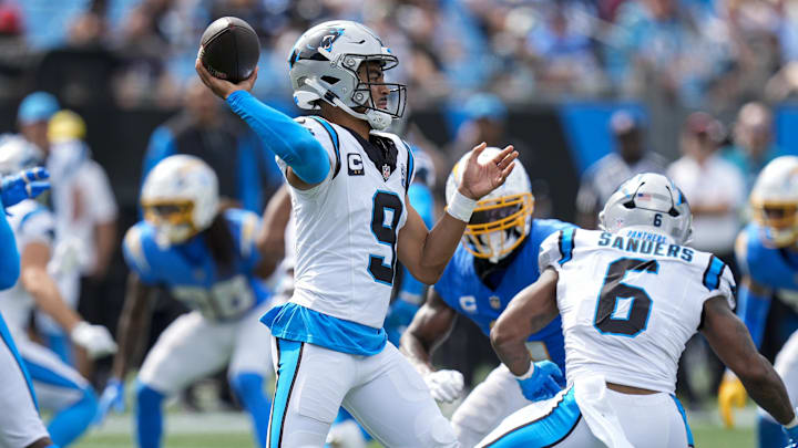 Sep 15, 2024; Charlotte, North Carolina, USA; Carolina Panthers quarterback Bryce Young (9) throws the ball against the Los Angeles Chargers during the second half at Bank of America Stadium. Mandatory Credit: Jim Dedmon-Imagn Images